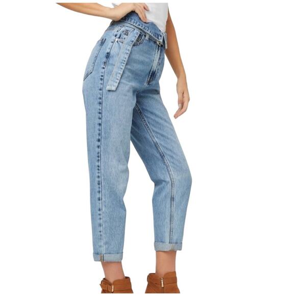 GUESS Reda Size 27 Fold Over High Waist Straight Mom Jeans Belted Medium Wash - Picture 10 of 10